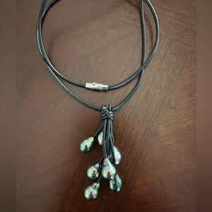 Genuine Baroque Tahitian Pearl with Black Leather Cord Dangle Necklace EUC
